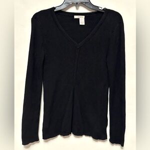 DKNY Long Sleeve V Neck Knit Ribbed Black Shirt Top Blouse L